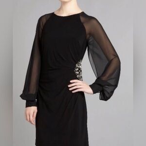 ELIZA J long sleeve sheer crystal sequin embellished black dress evening formal